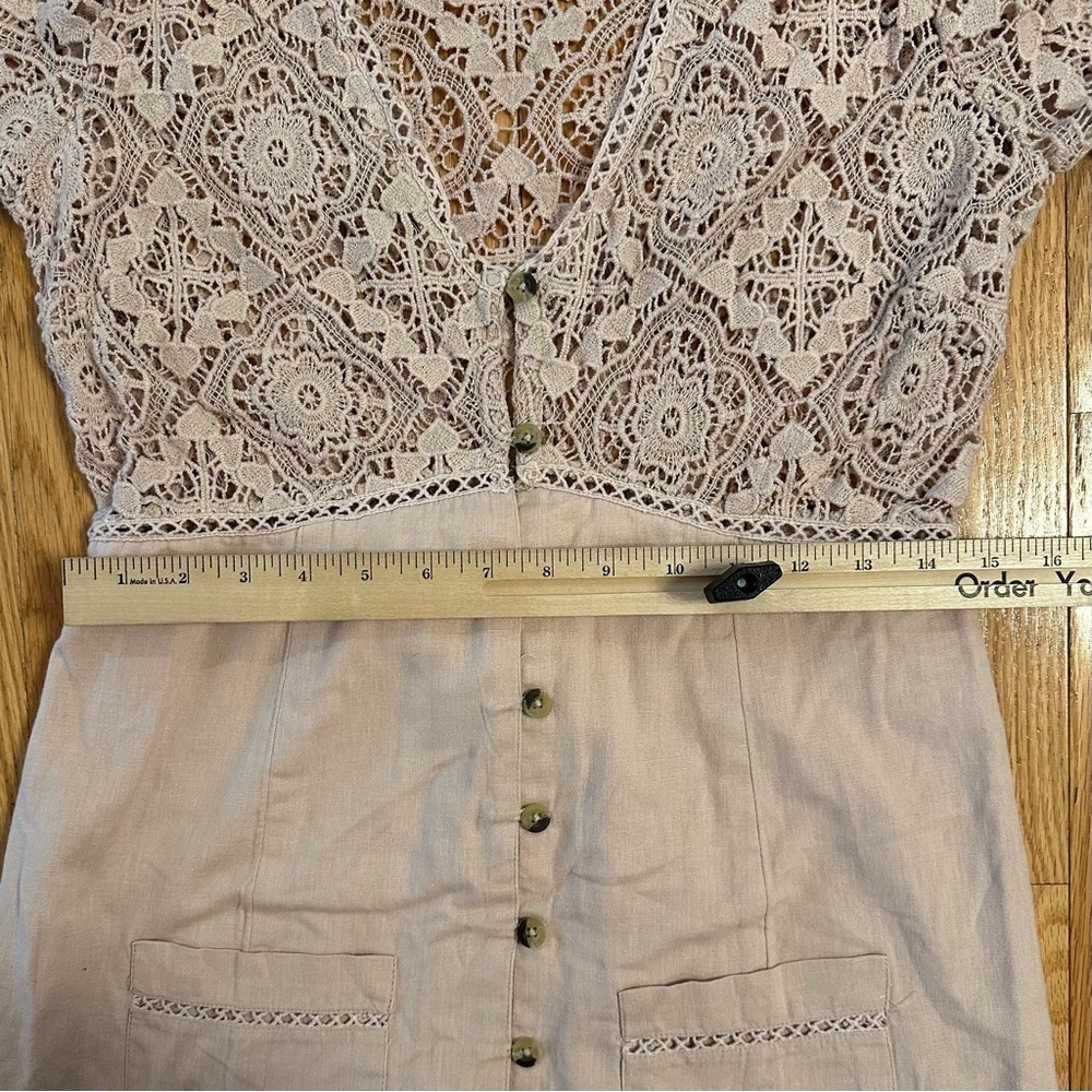 Free People Shrimpton Crochet Lace Mini Dress Pink Sz S bell sleeves boho hippie - Picture 6 of 10